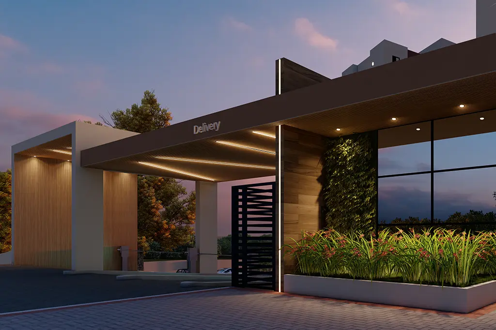 Entrada moderna de um espaço de delivery em um condomínio, com design sofisticado, iluminação embutida, paredes de vidro e área verde integrada, ao entardecer.