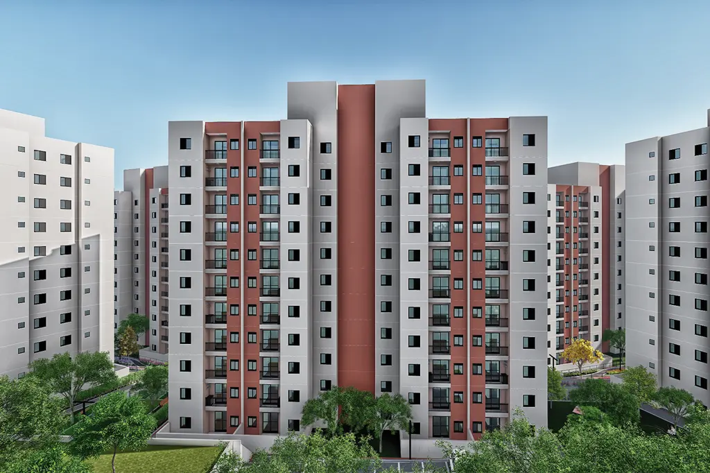 Conjunto de edifícios residenciais de vários andares, com fachada em tons de branco e vermelho, cercados por áreas verdes e árvores, sob um céu azul.
